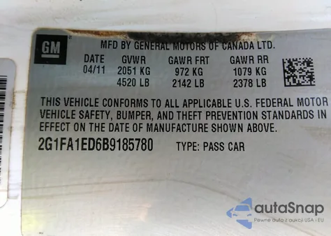 2011 Chevrolet Camaro 2Ls из США, поврежденный, VIN 2G1FA1ED6B9185780